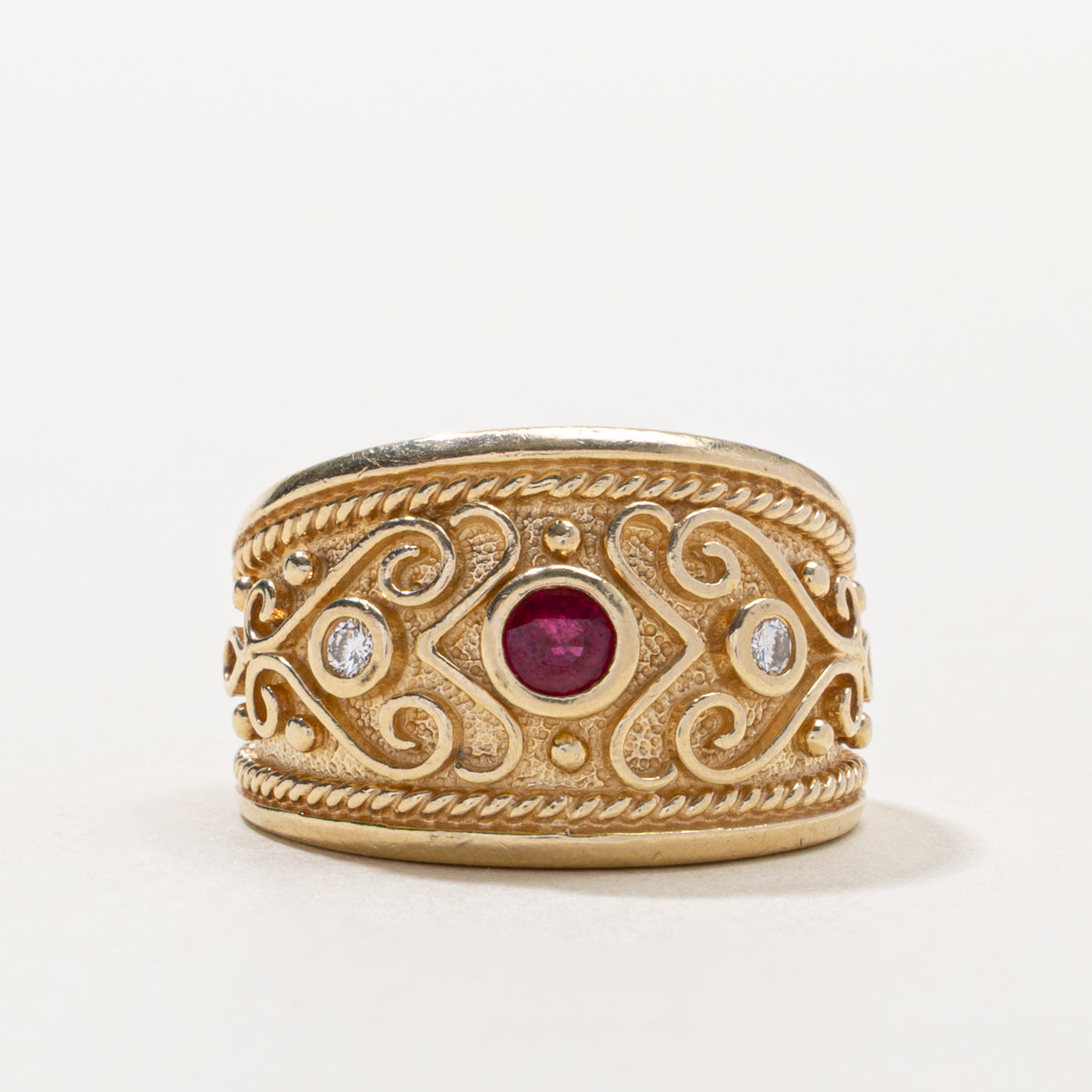 14k Synthetic Ruby & Naturakl Diamond Scrollwork Band | 0.16ct, 0.04ctw | SZ 6.25