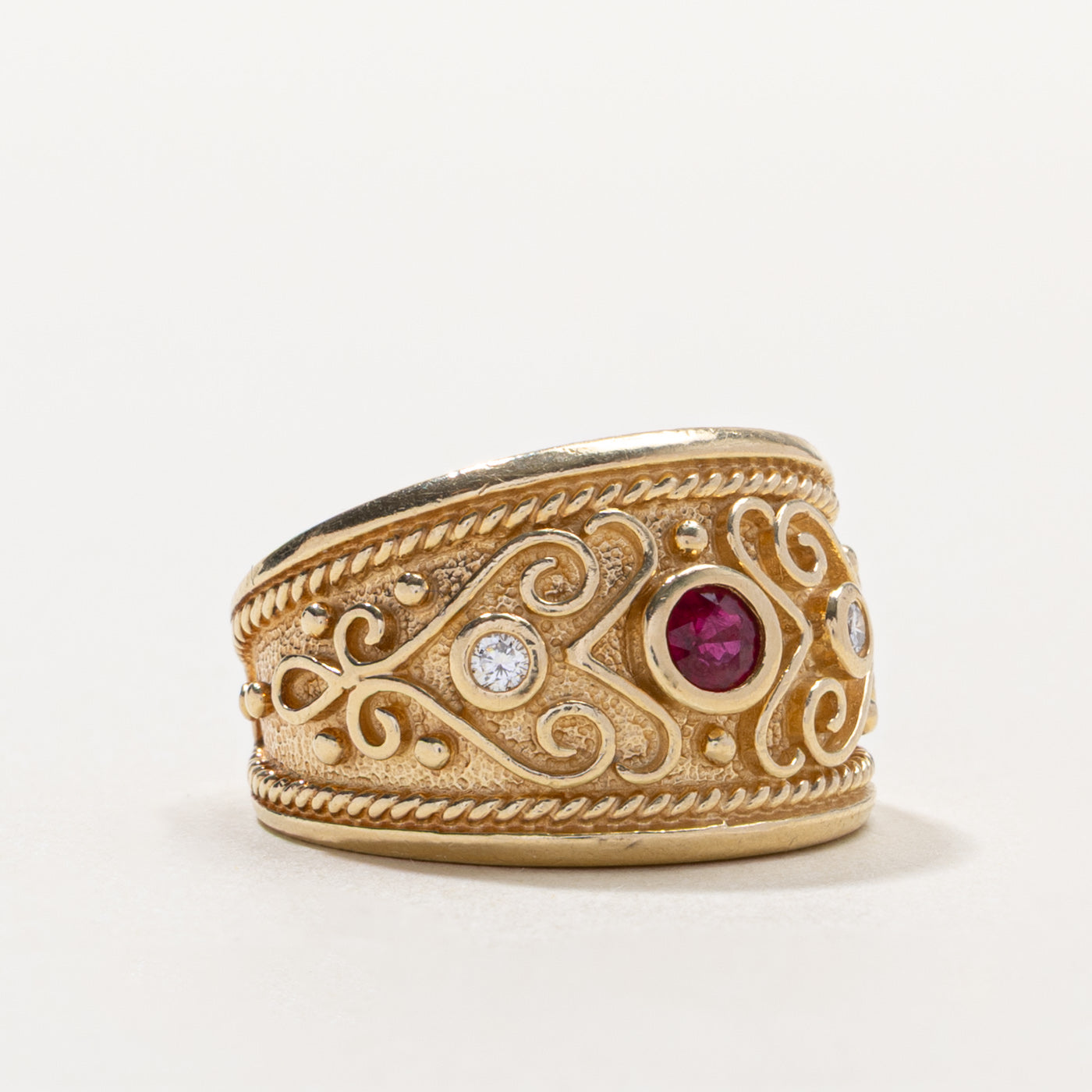 14k Synthetic Ruby & Naturakl Diamond Scrollwork Band | 0.16ct, 0.04ctw | SZ 6.25
