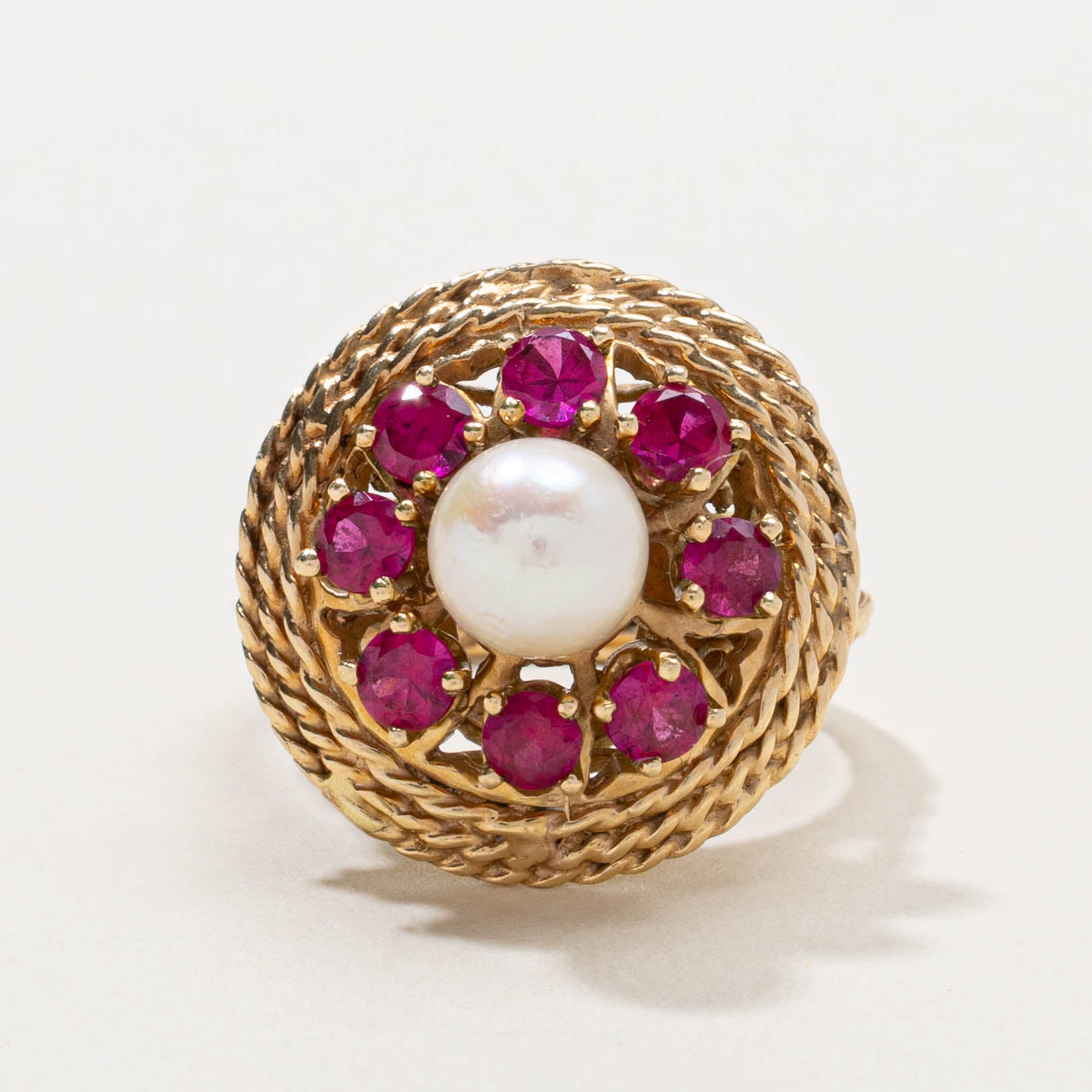 Pearl & Synthetic Ruby Halo Rope Textured Cocktail Ring | 1.20ctw | SZ 6.5