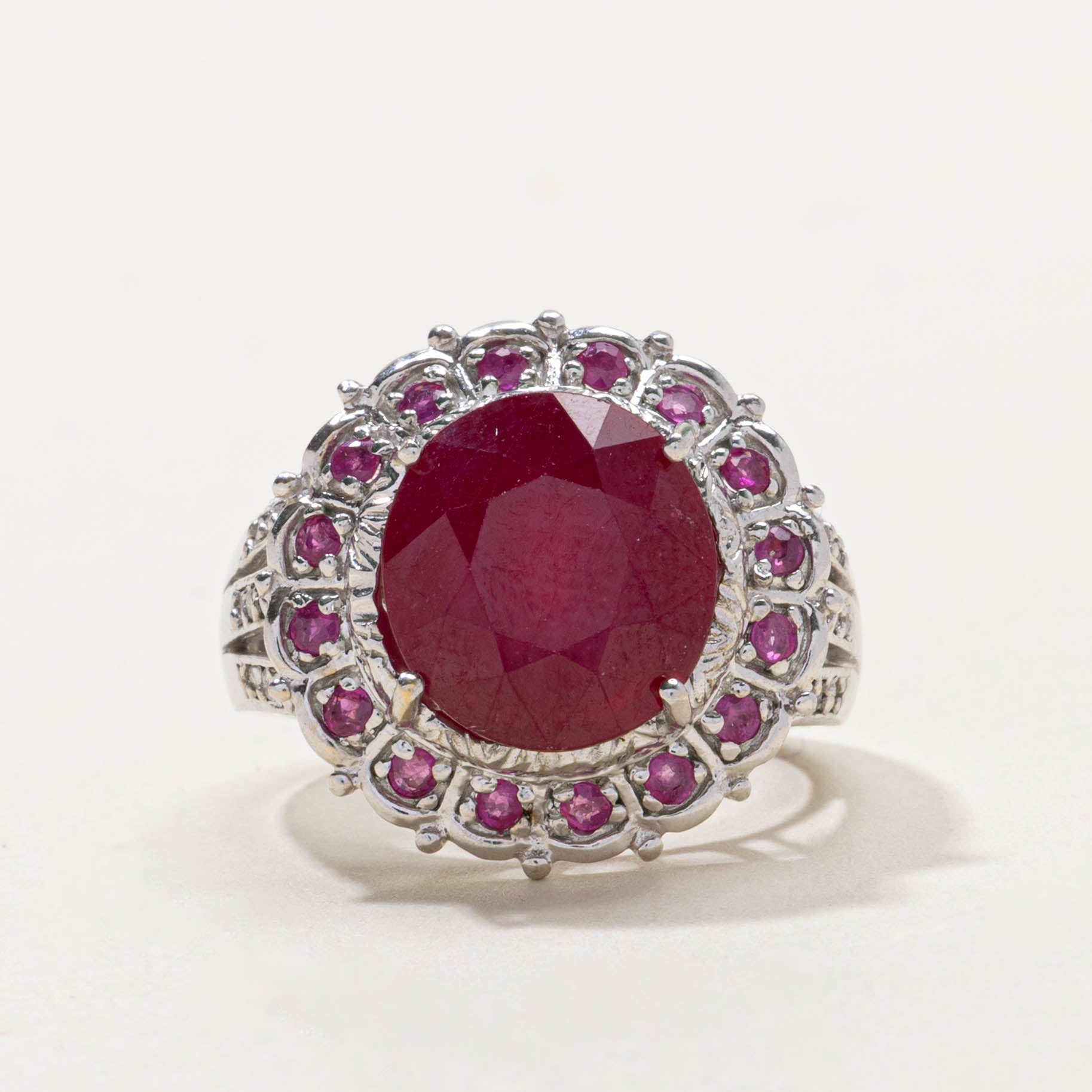 14k Round Cut Ruby Halo & Diamond Accented Ring | 8.75ctw, 0.05ctw | SZ 7.25