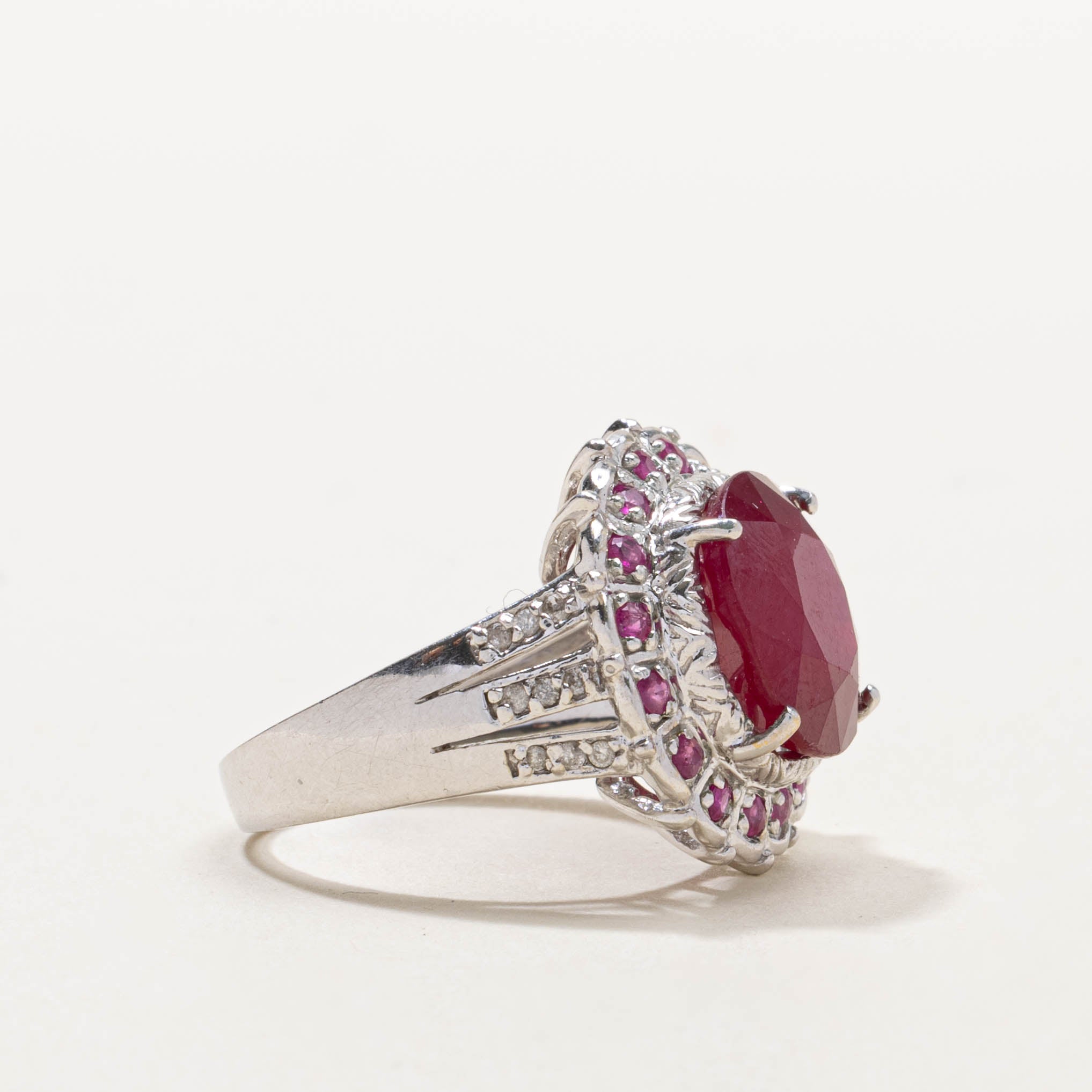 14k Round Cut Ruby Halo & Diamond Accented Ring | 8.75ctw, 0.05ctw | SZ 7.25