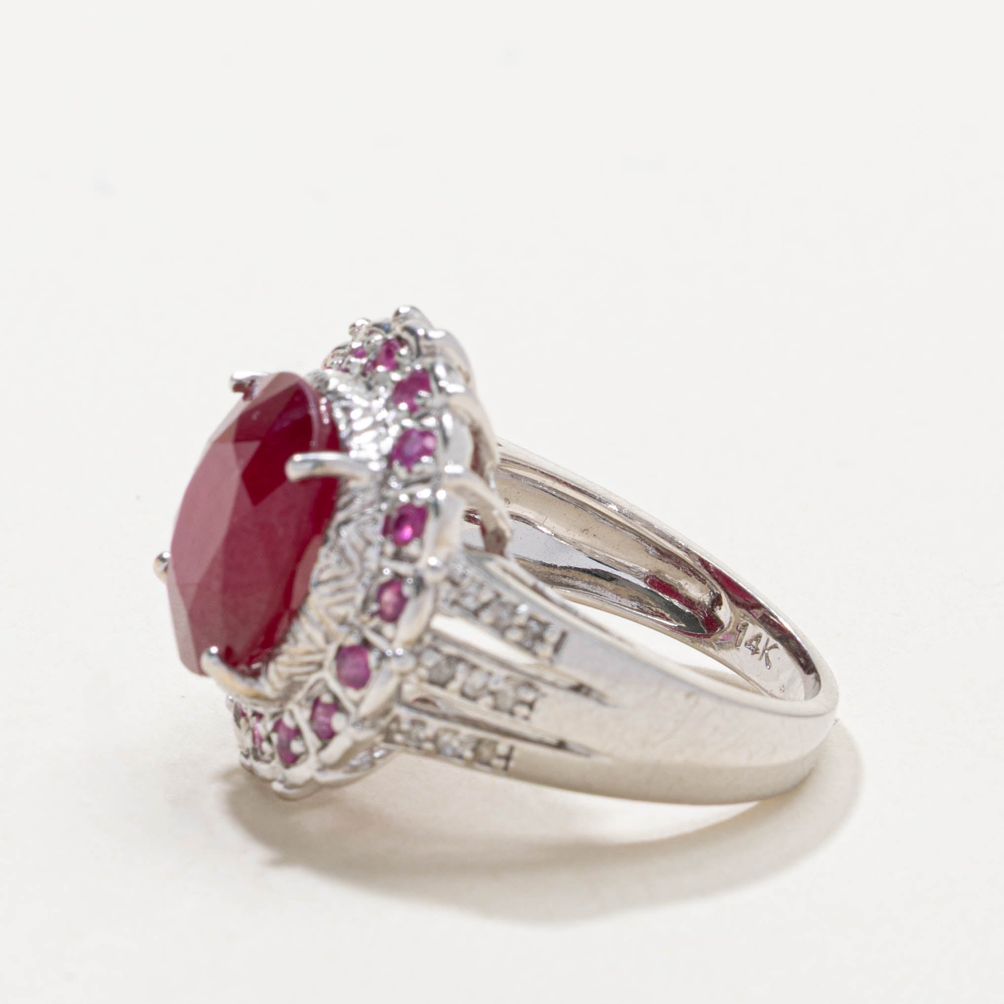 14k Round Cut Ruby Halo & Diamond Accented Ring | 8.75ctw, 0.05ctw | SZ 7.25