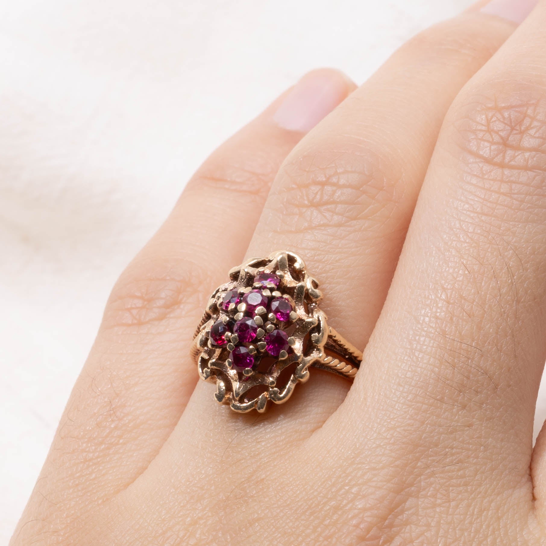 10k Synthetic Ruby Cluster Textured Cocktail Ring | 0.56ctw | SZ 6.5
