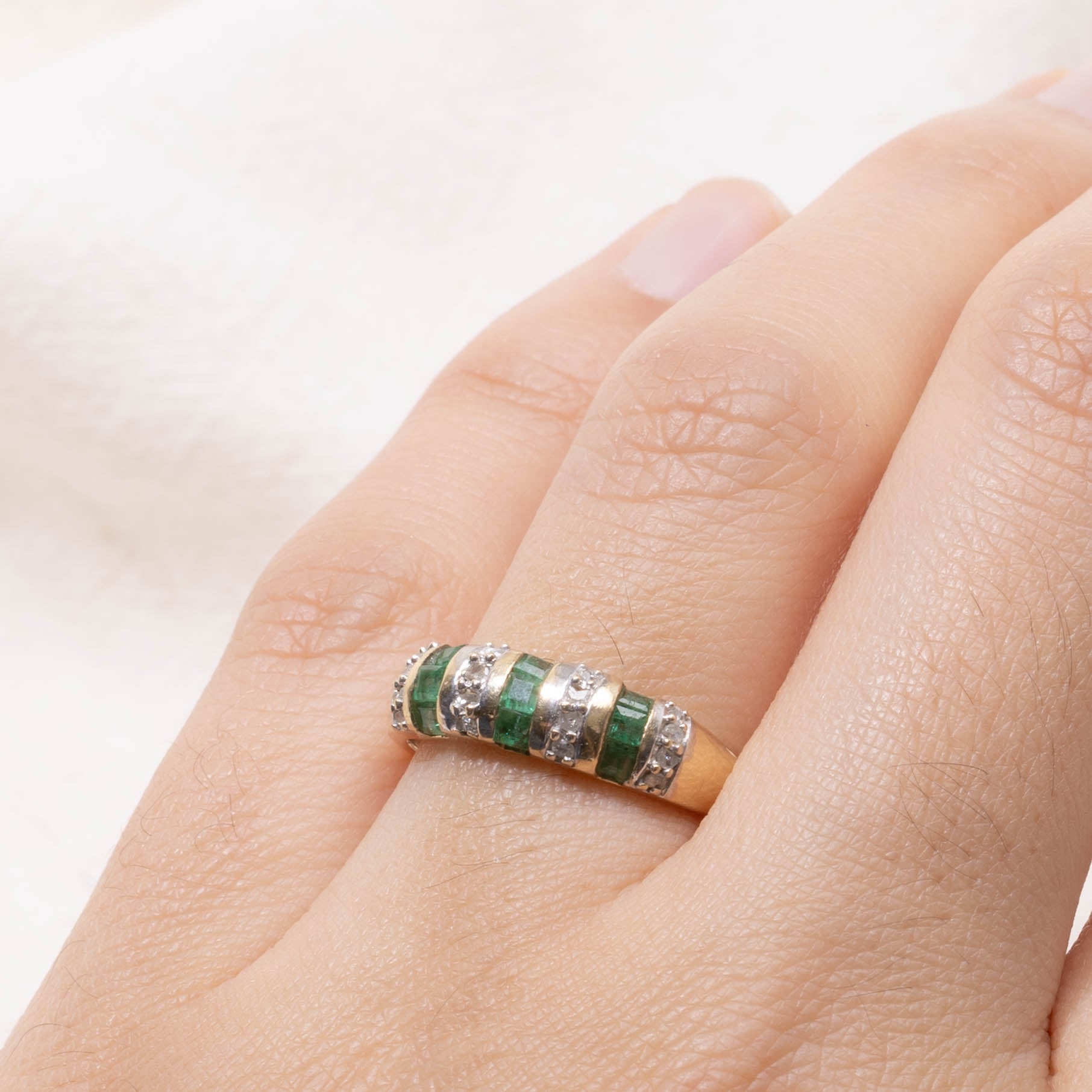 Channel Set Emerald & Diamond Dome Ring | 0.25ctw, 0.08ctw | SZ 7.25