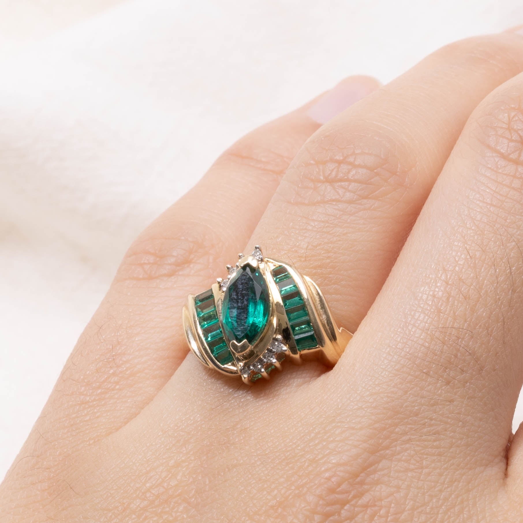 10k Synthetic Emerald & Diamond Accented Ring | 1.00ctw, 0.01ctw | SZ 8