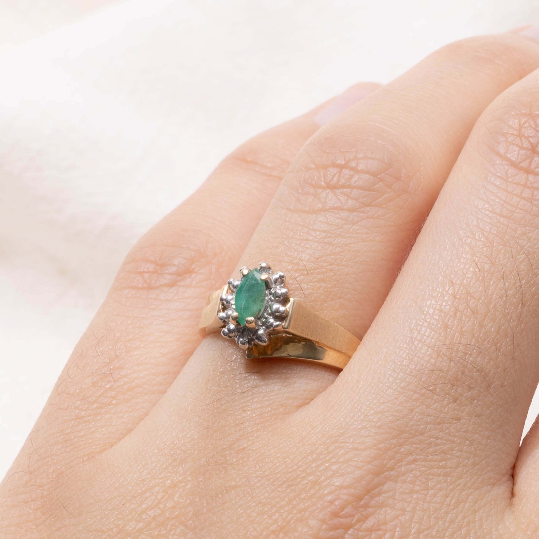 10k Marquise Cut Emerald & Diamond Petal Halo Ring | 0.20ct, 0.004ctw | SZ 6.25