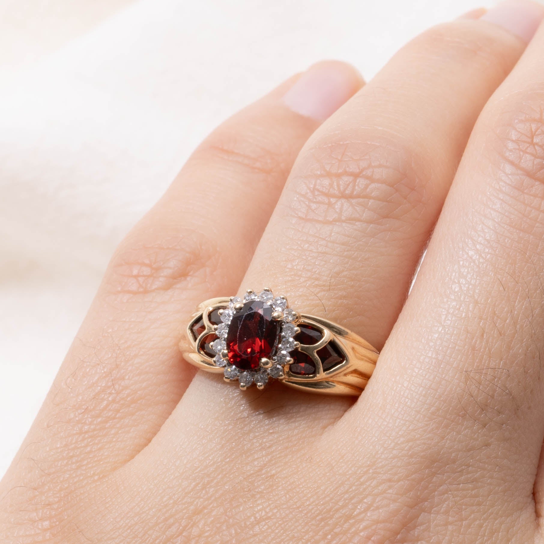10k Garnet & Diamond Petal Halo Ring | 2.50ctw, 0.10ctw | SZ 8.5