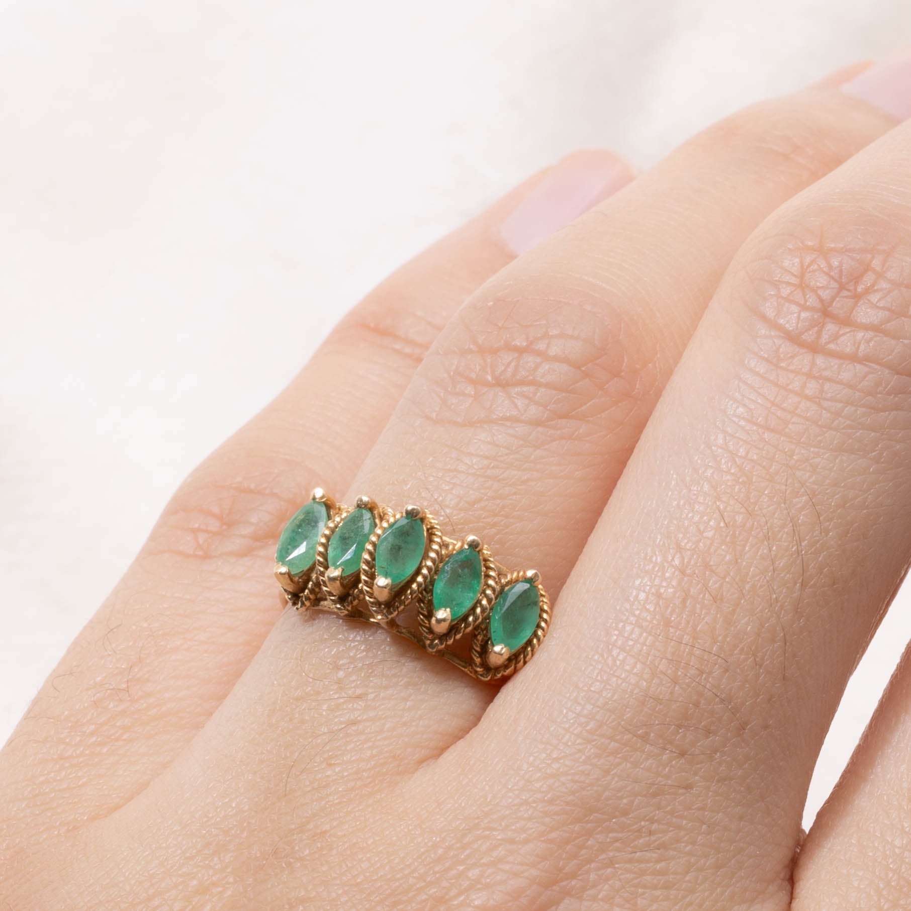 14k Five Stone Emerald Rope Textured Ring | 0.50ctw | SZ 6.5