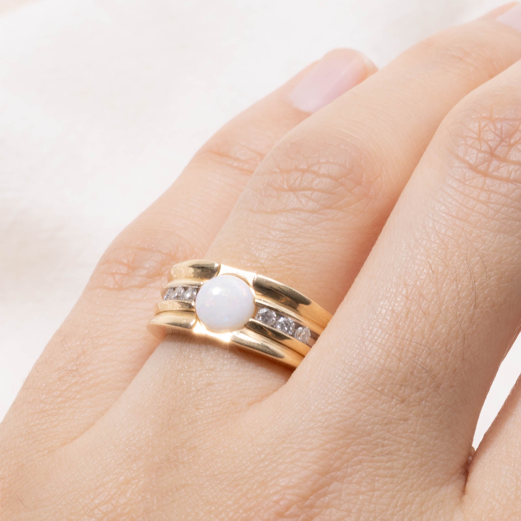 14k Opal & Diamond Accented Grooved Ring | 0.30ct, 0.12ctw | SZ 6