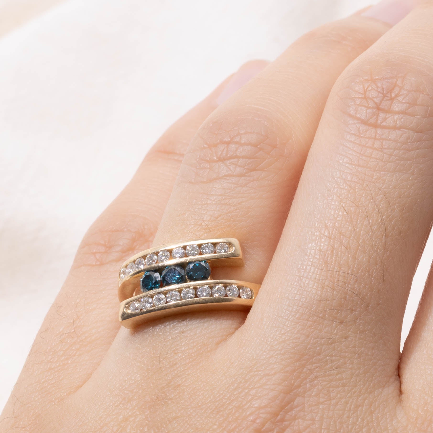 14k Channel Set Blue & White Diamond Bypass Ring | 0.60ctw | SZ 7