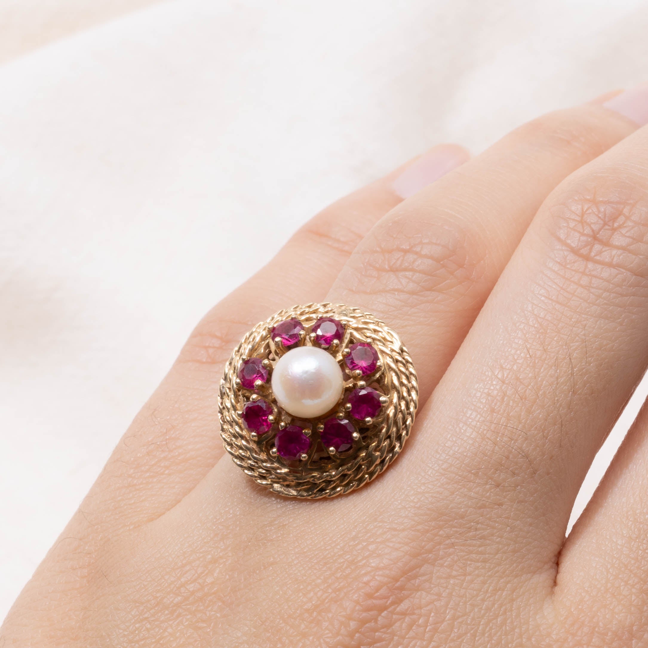 Pearl & Synthetic Ruby Halo Rope Textured Cocktail Ring | 1.20ctw | SZ 6.5