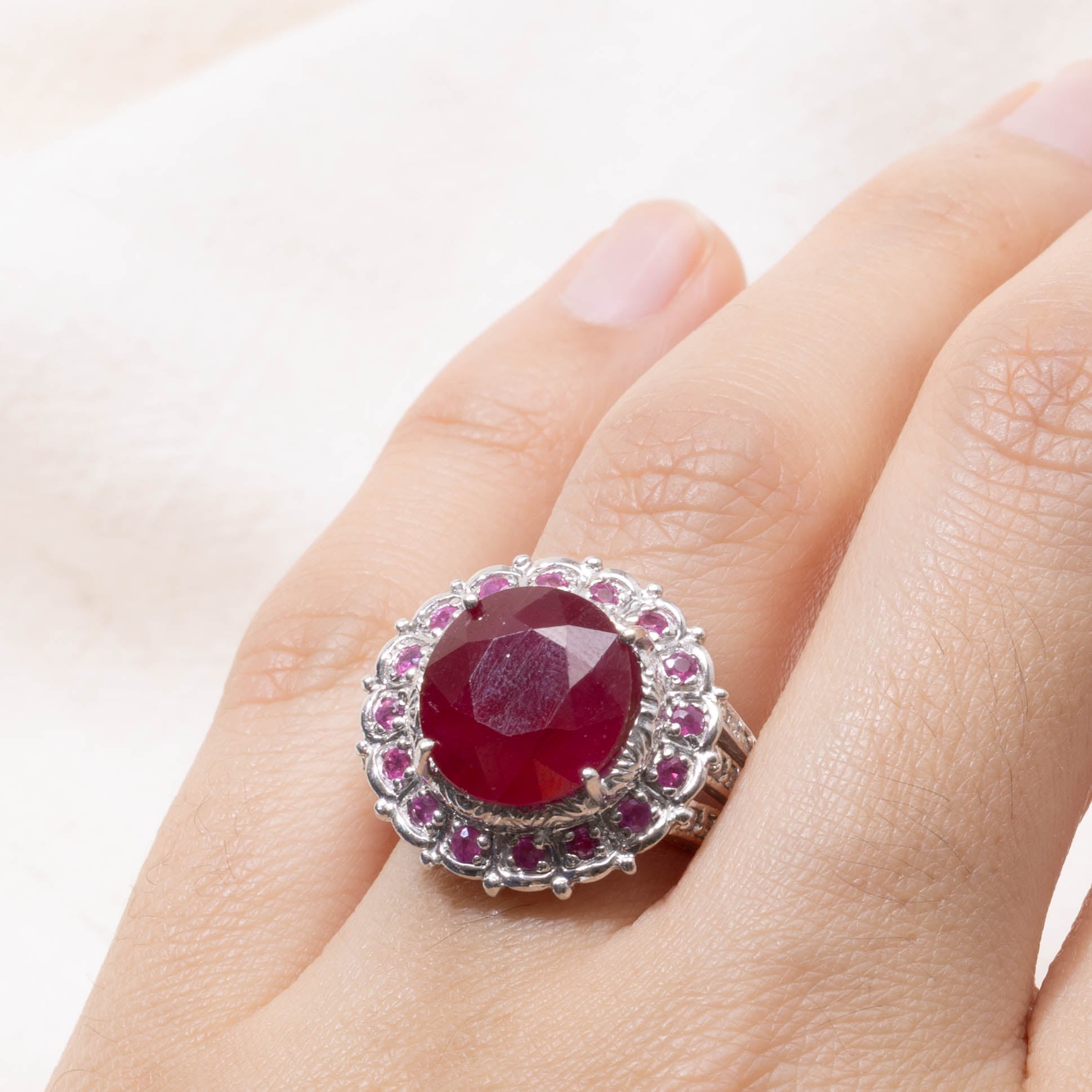 14k Round Cut Ruby Halo & Diamond Accented Ring | 8.75ctw, 0.05ctw | SZ 7.25