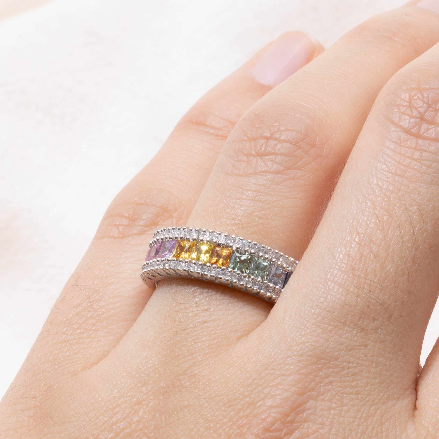 14k Synthetic Rainbow Sapphire & Diamond Band | 0.80ctw, 0.05ctw | SZ 7.25