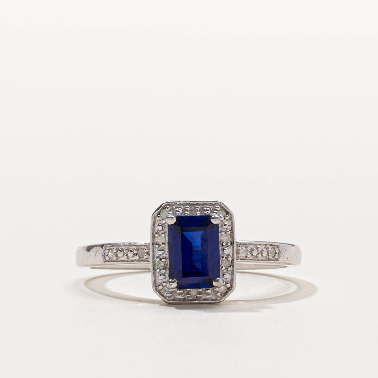 Sterling Silver Synthetic Sapphire & Natural Diamond Halo Ring | 1.00ct, 0.03ctw | SZ 9.75