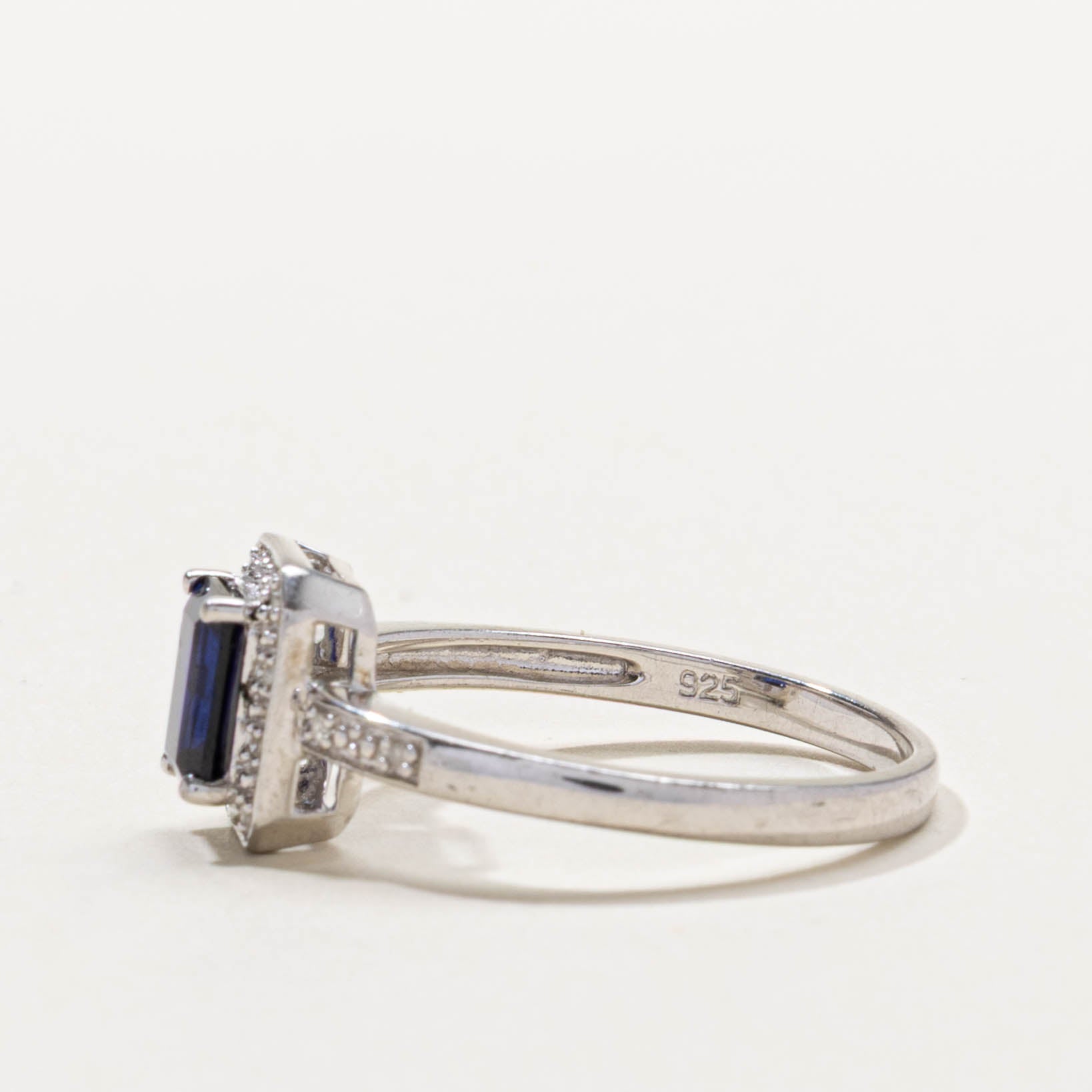Sterling Silver Synthetic Sapphire & Natural Diamond Halo Ring | 1.00ct, 0.03ctw | SZ 9.75