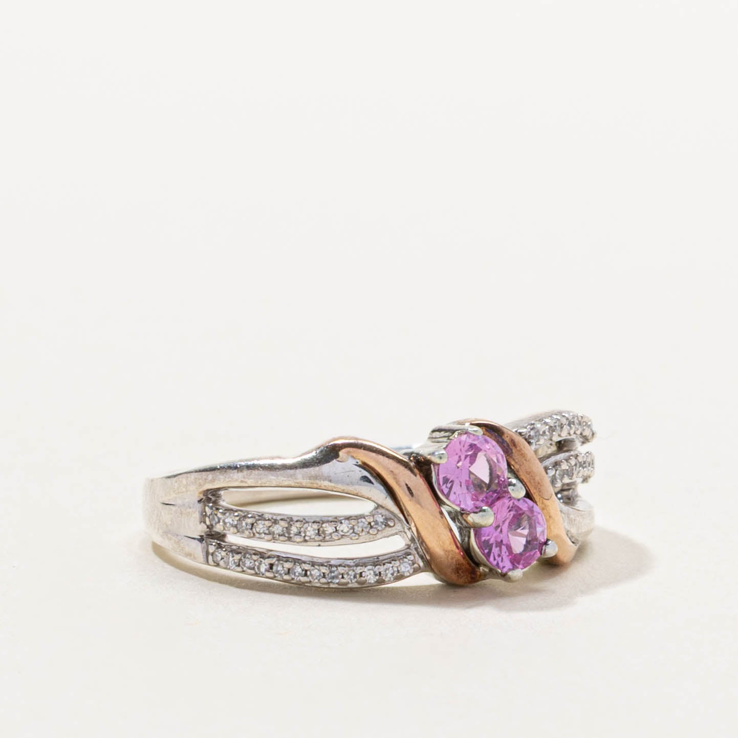 Sterling Silver Two Stone Pink Sapphire & Diamond Crossover Ring | 0.30ctw, 0.05ctw | SZ 7.5