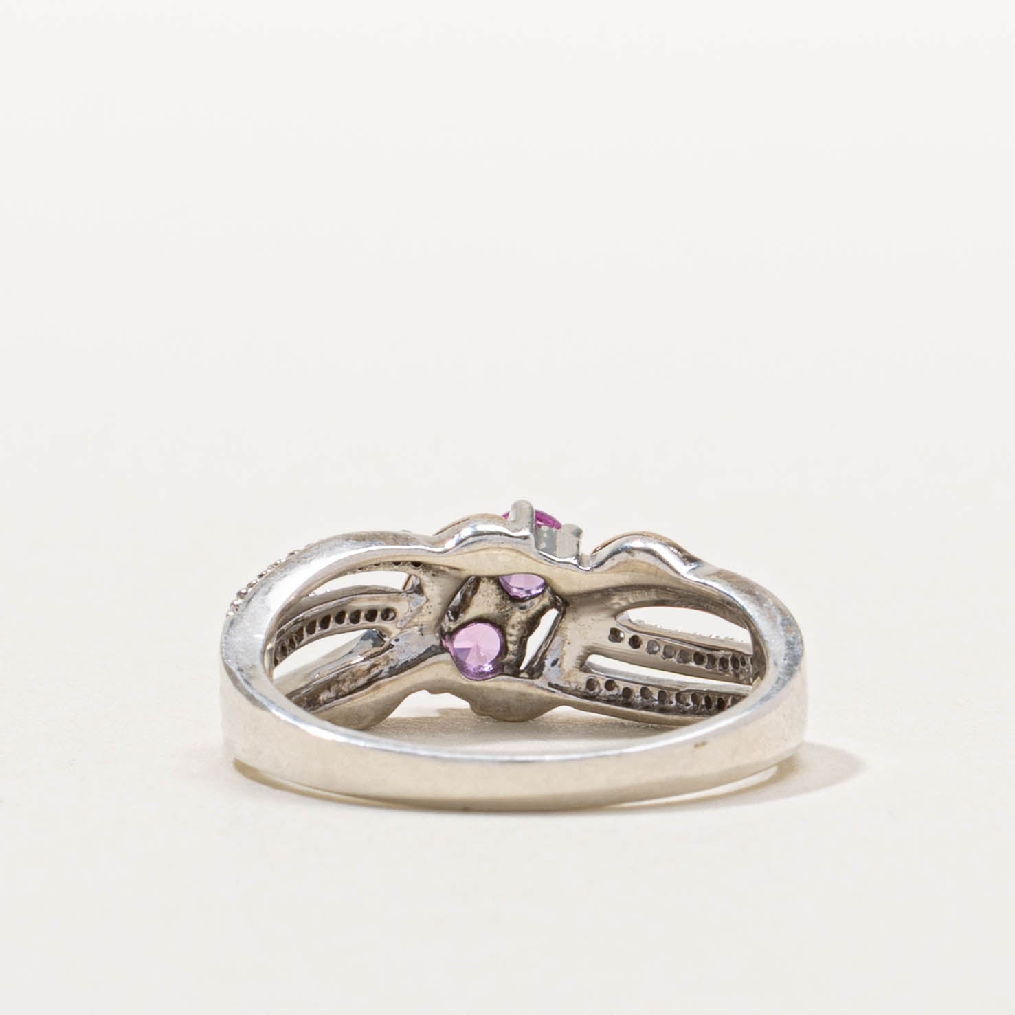 Sterling Silver Two Stone Pink Sapphire & Diamond Crossover Ring | 0.30ctw, 0.05ctw | SZ 7.5