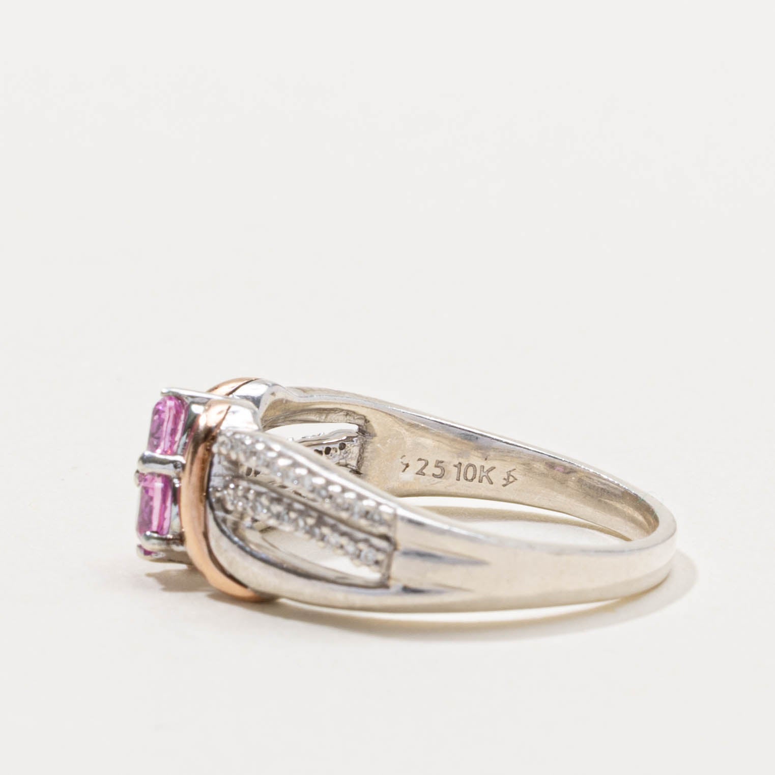 Sterling Silver Two Stone Pink Sapphire & Diamond Crossover Ring | 0.30ctw, 0.05ctw | SZ 7.5
