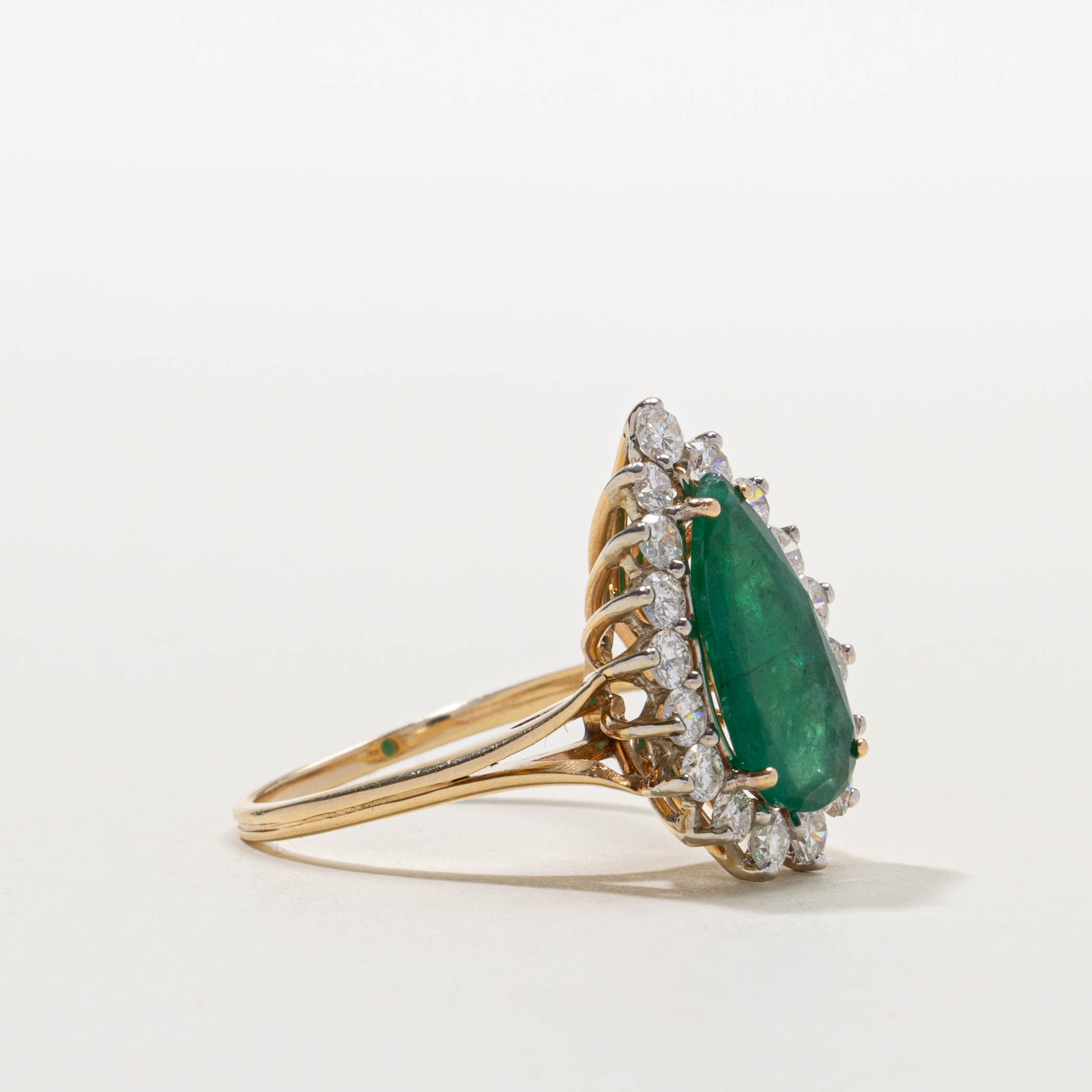 14k Pear Cut Emerald & Diamond Halo Ring | 1.60ct, 1.20ctw | SZ 10