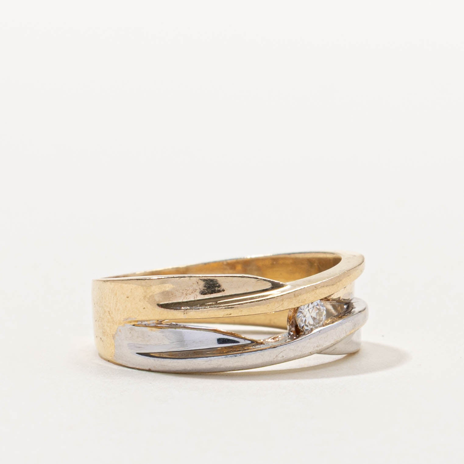 14k Two-Tone Diamond Crossover Ring | SZ 8.75