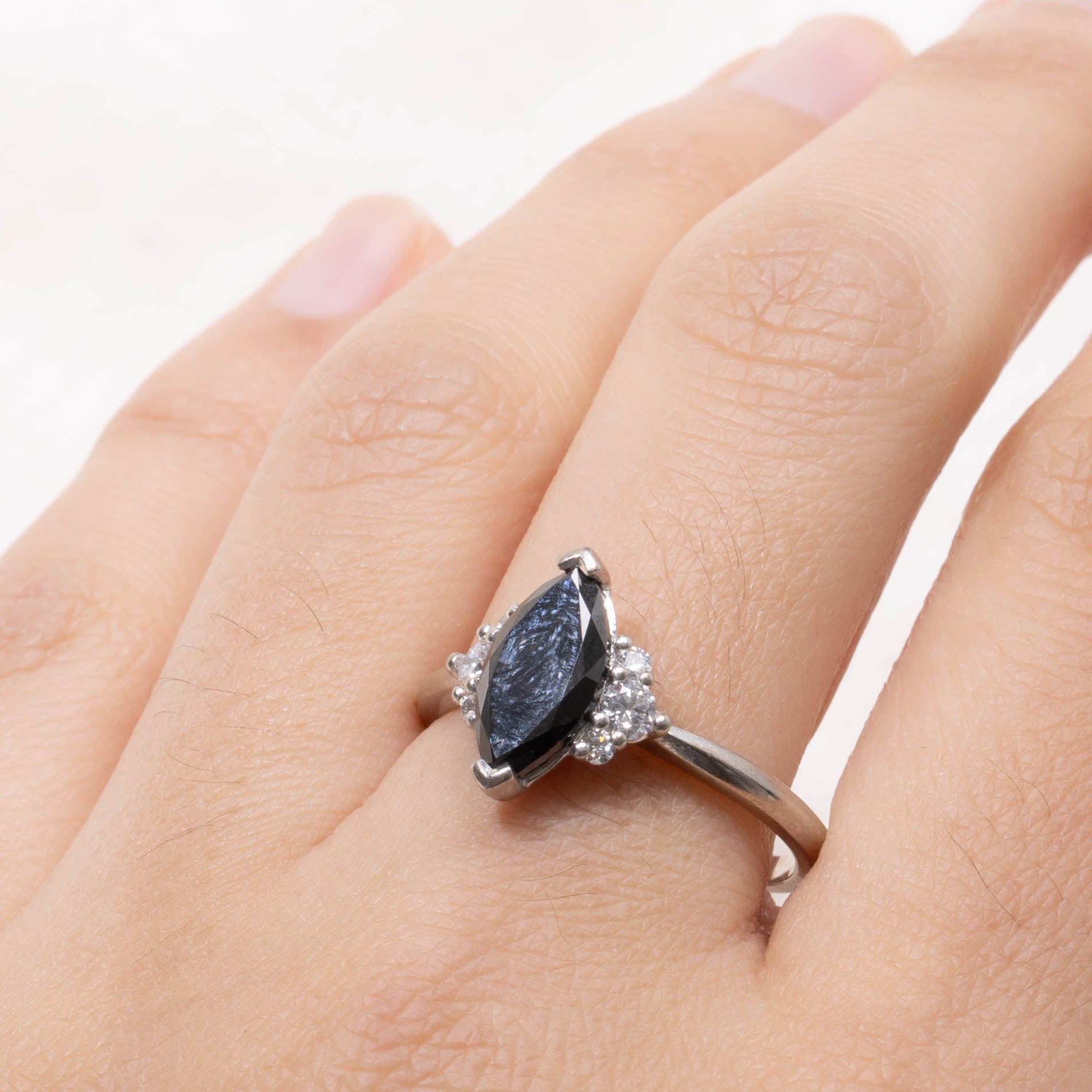 18k Marquise Cut Hematite & Diamond Accented Ring | 2.20ct, 0.20ctw | SZ 9.5