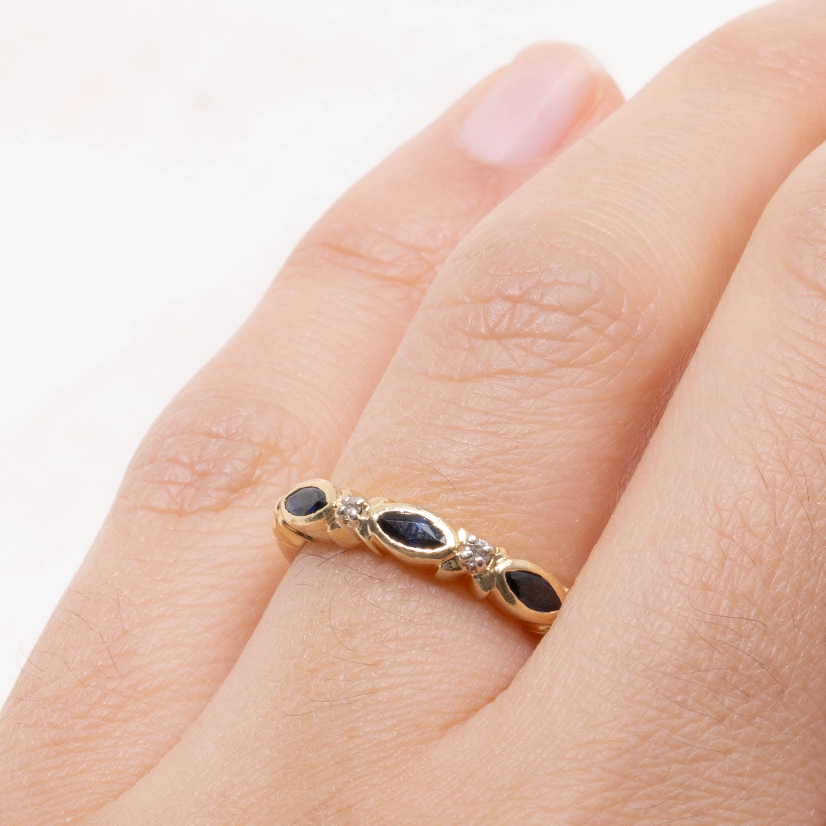 ‘Birks’ 18k Marquise Cut Sapphire & Diamond Band | 0.25ctw, 0.01ctw | SZ 5.5