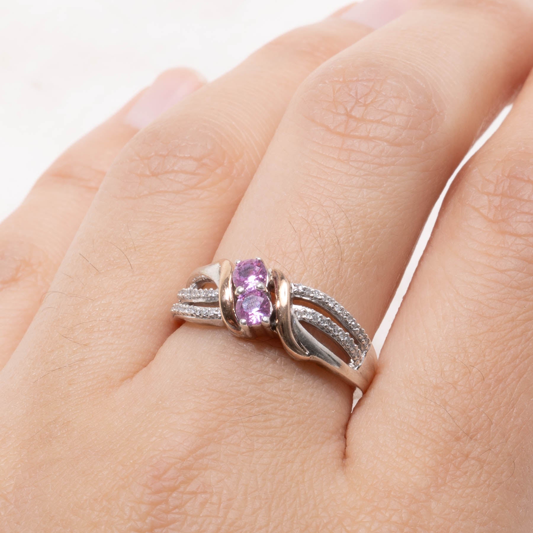 Sterling Silver Two Stone Pink Sapphire & Diamond Crossover Ring | 0.30ctw, 0.05ctw | SZ 7.5