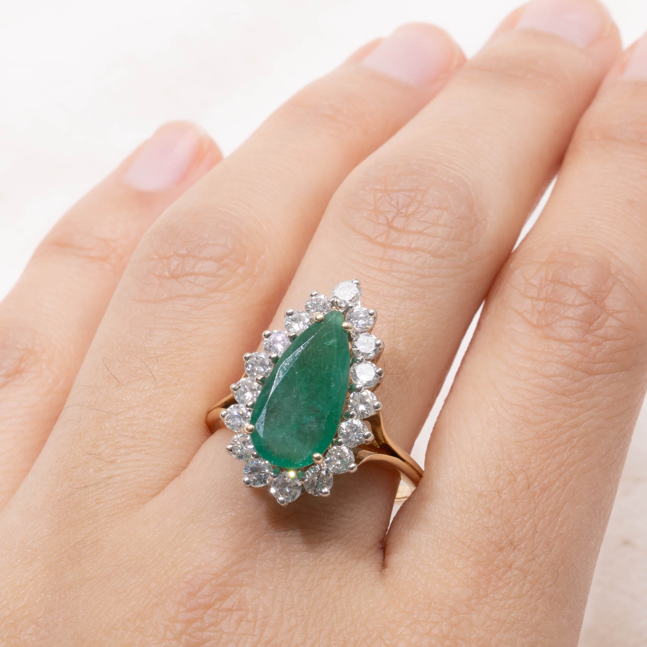 14k Pear Cut Emerald & Diamond Halo Ring | 1.60ct, 1.20ctw | SZ 10
