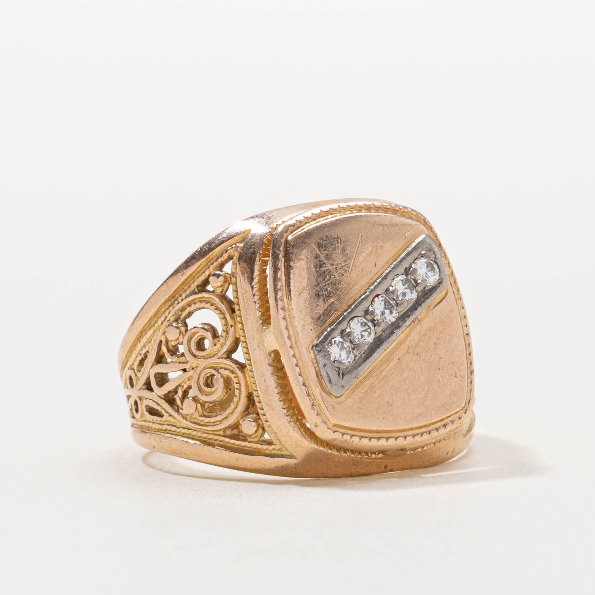 14k Diagonal Diamond Scrollwork Signet Ring | SZ 8.5