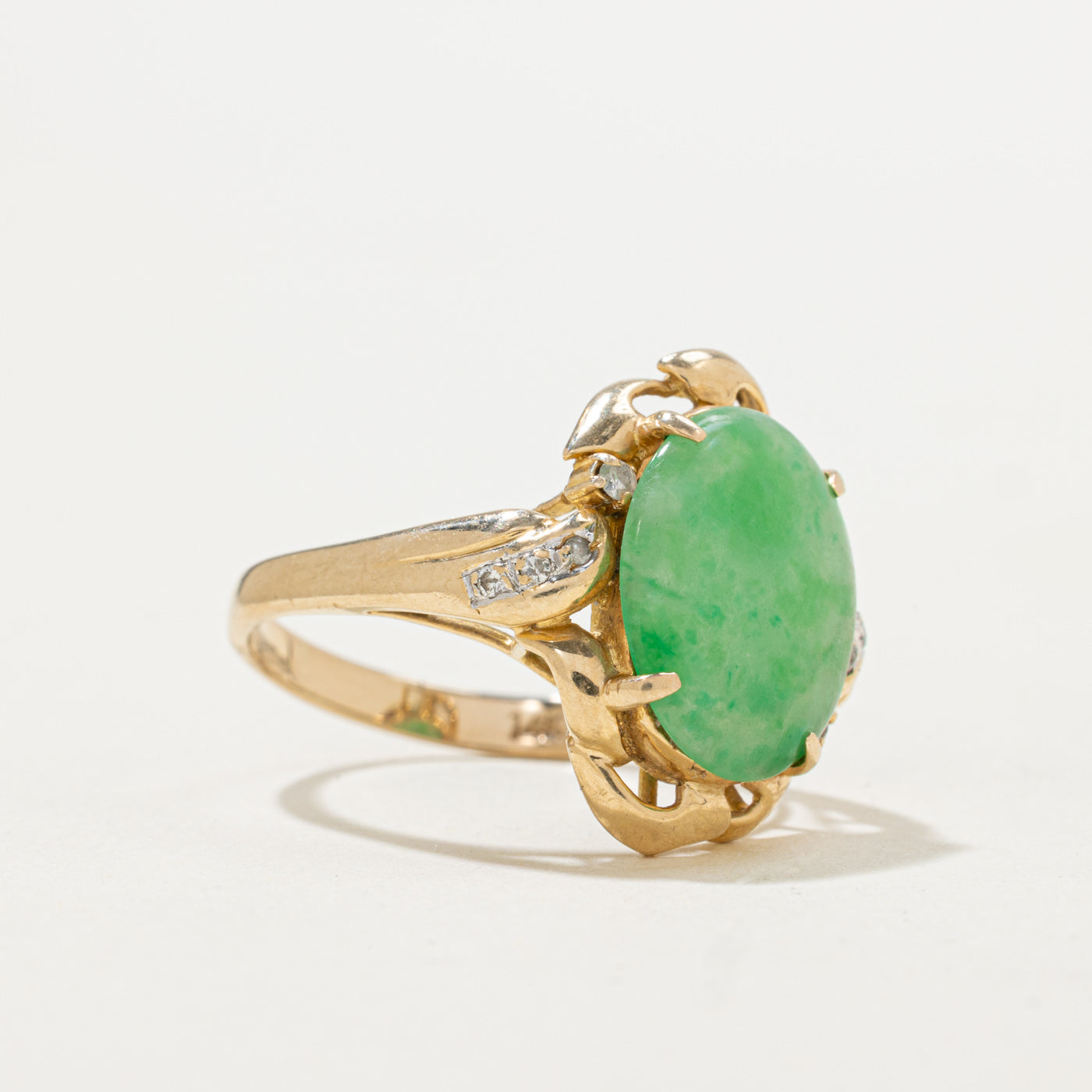 Cabochon Cut Jade & Diamond Cocktail Ring | 3.35ct, 0.05ctw | SZ 8.5