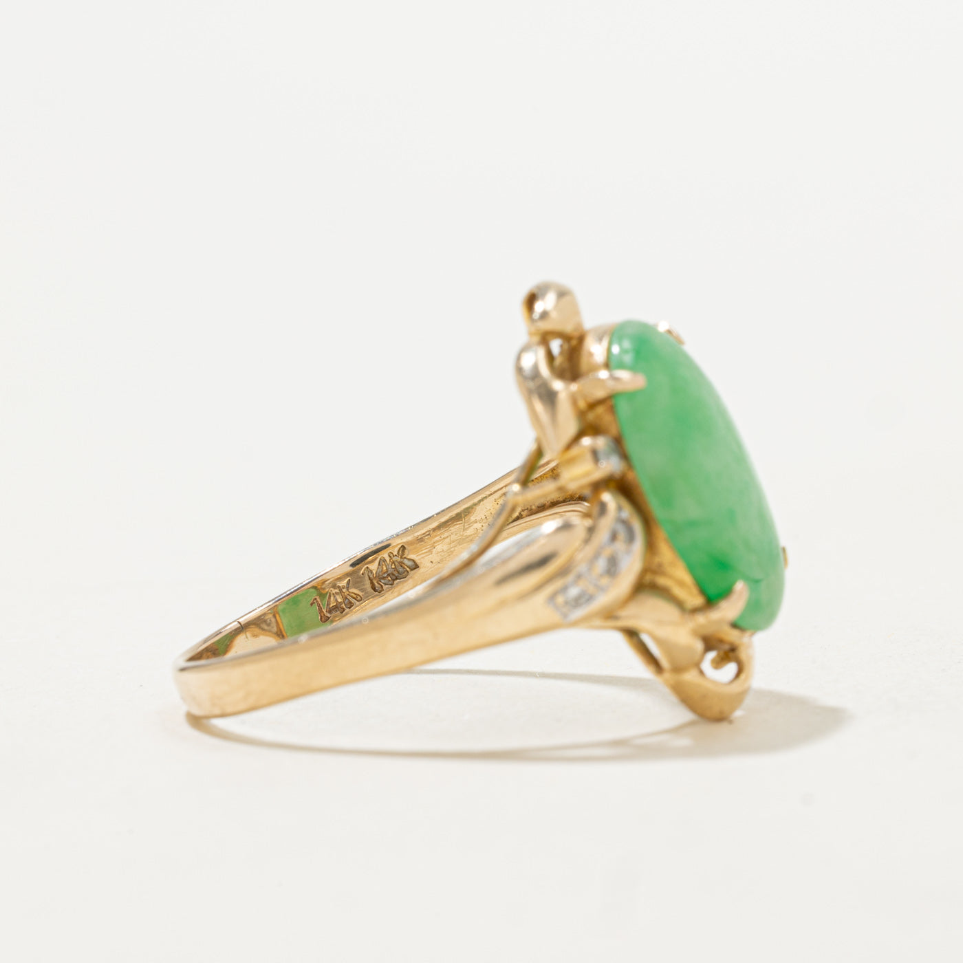 Cabochon Cut Jade & Diamond Cocktail Ring | 3.35ct, 0.05ctw | SZ 8.5