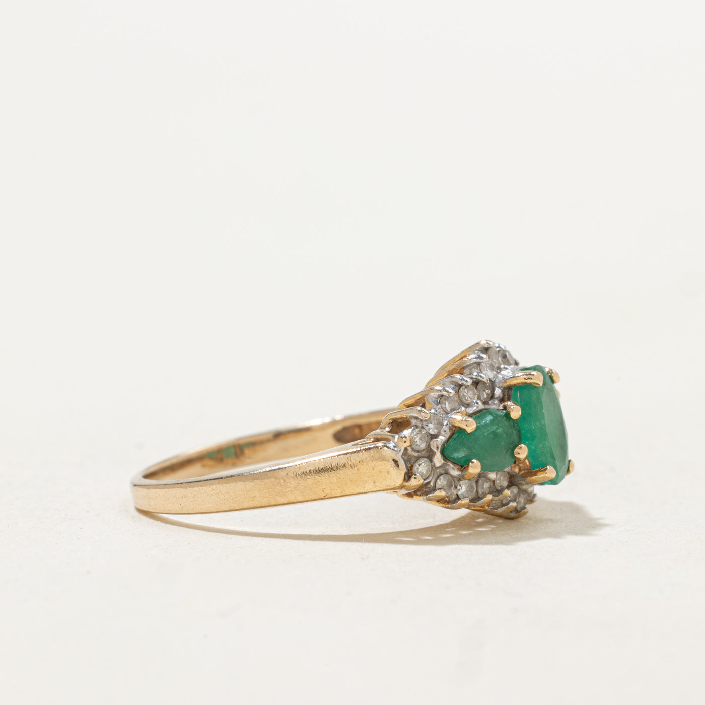 Three Stone Emerald & Diamond Halo Ring | 0.60ctw, 0.12ctw | SZ 5.0