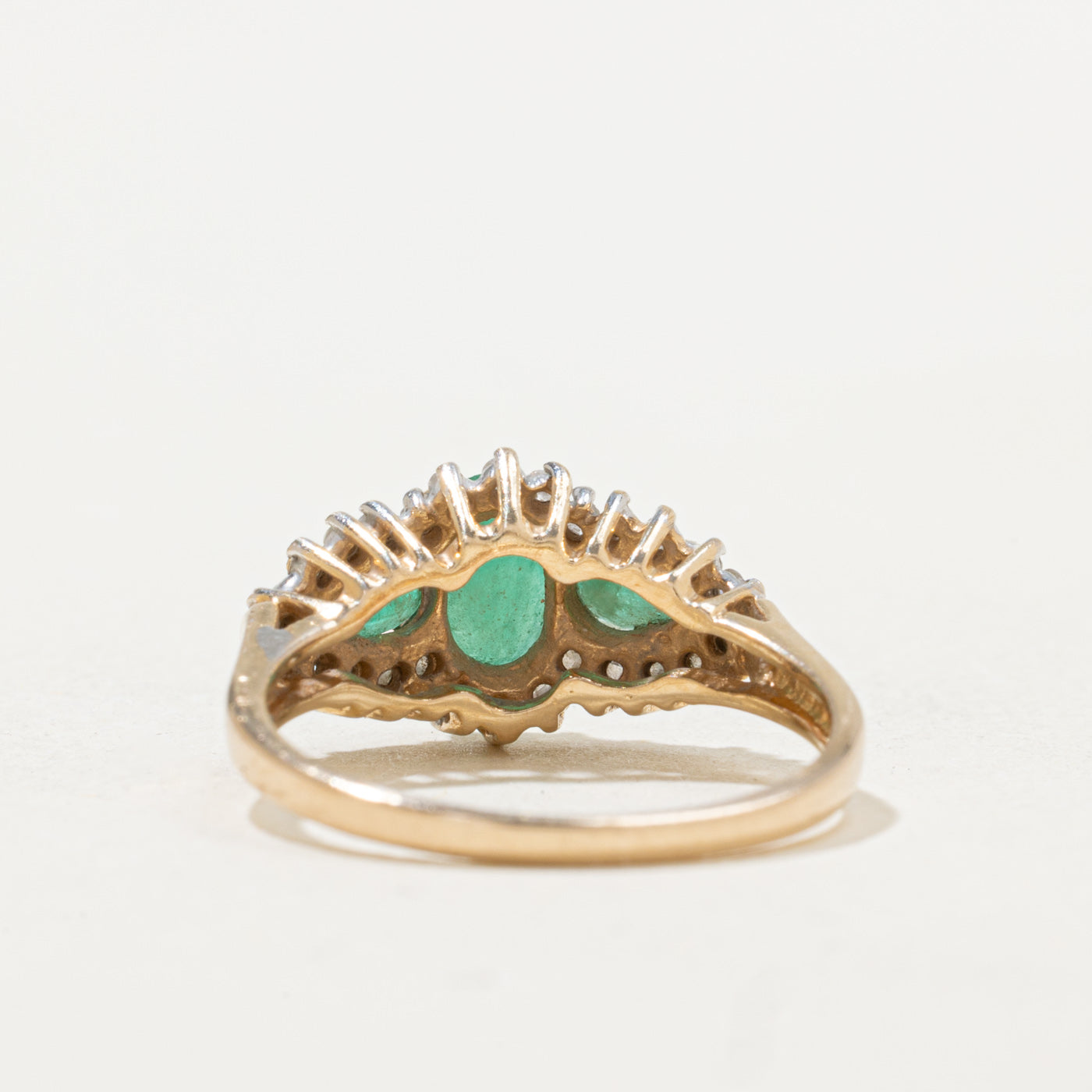 Three Stone Emerald & Diamond Halo Ring | 0.60ctw, 0.12ctw | SZ 5.0