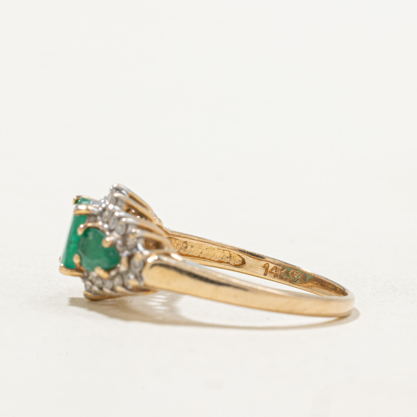 Three Stone Emerald & Diamond Halo Ring | 0.60ctw, 0.12ctw | SZ 5.0