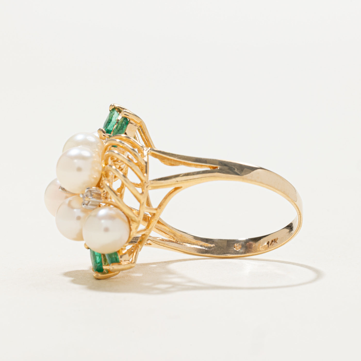 Pearl, Emerald & Diamond Cocktail Ring | 0.30ctw, 0.04ctw | SZ 7.75