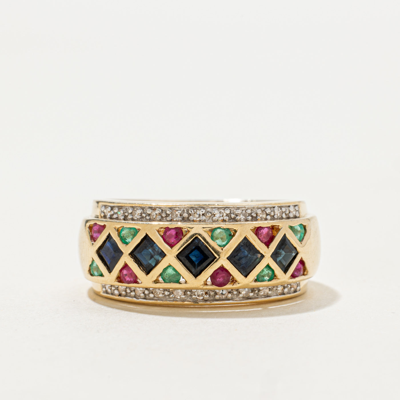 Multi Gem & Diamond Geometric Band | 0.80ctw, 0.11ctw | SZ 8.0