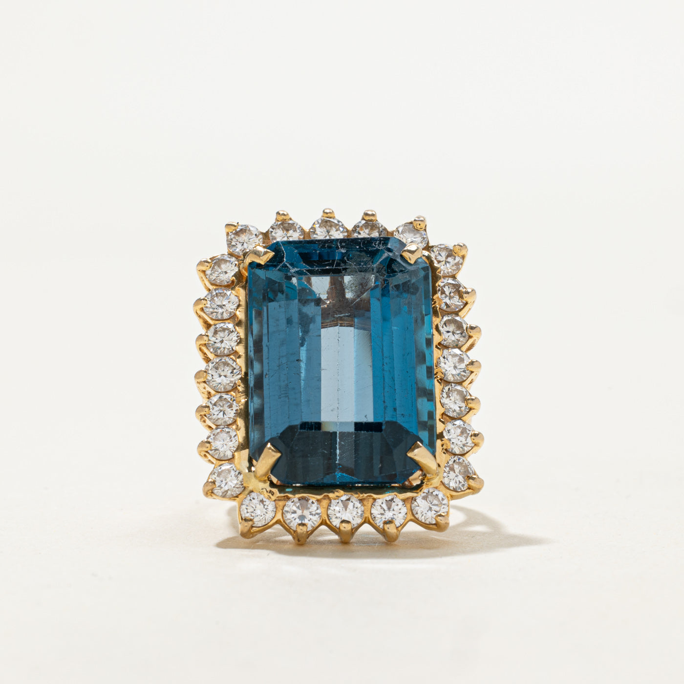 Emerald Cut Blue Topaz & Diamond Petal Cocktail Ring | 19.0ct, 1.36ctw | SZ 5.0