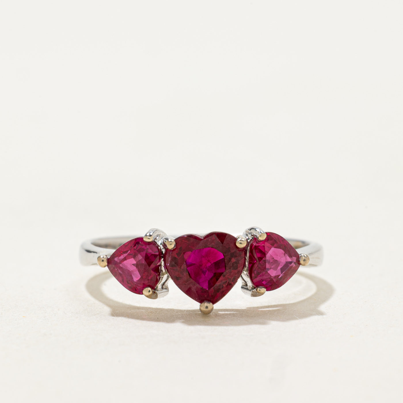 Three Stone Heart Cut Synthetic Ruby Ring | 1.20ctw | SZ 6.0