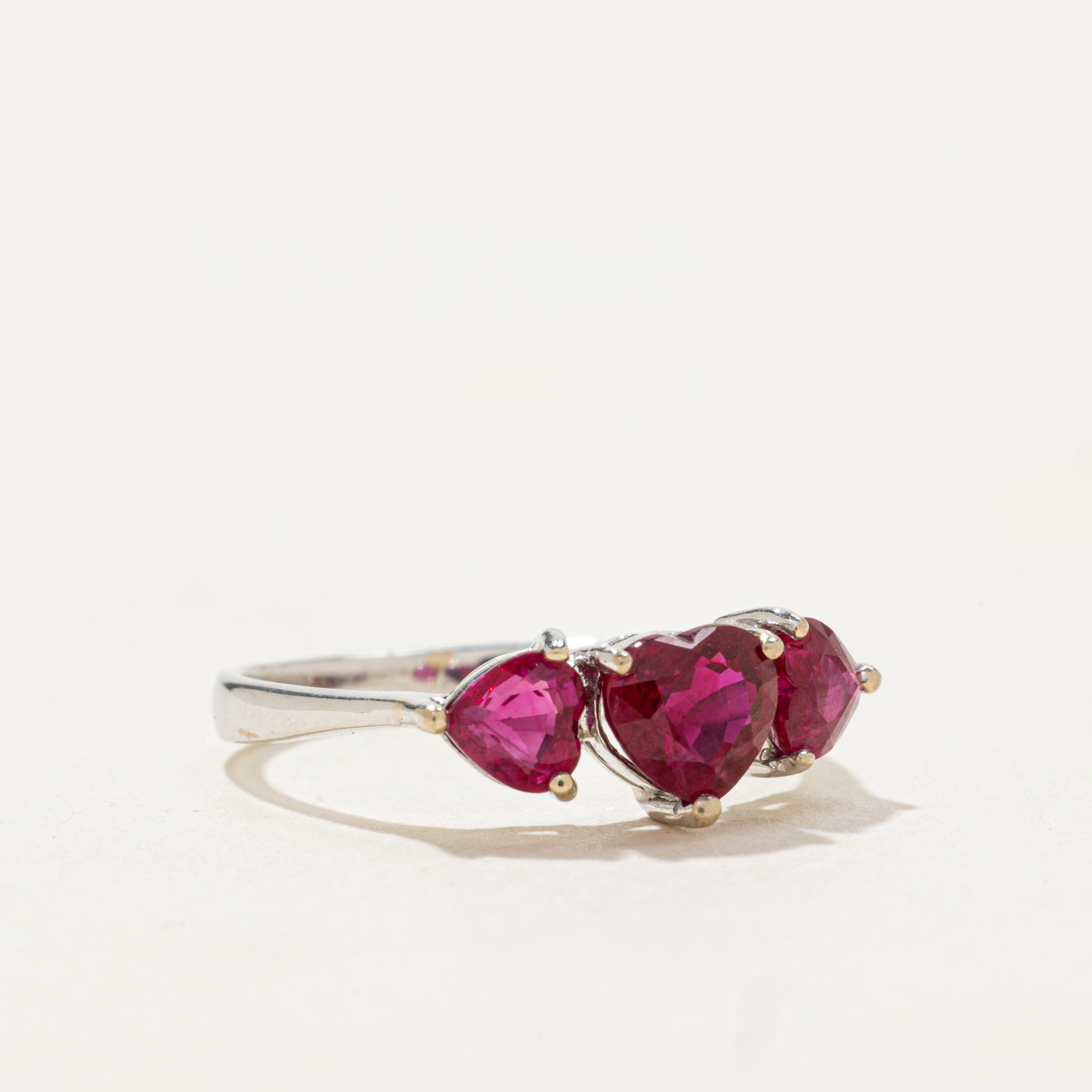 Three Stone Heart Cut Synthetic Ruby Ring | 1.20ctw | SZ 6.0