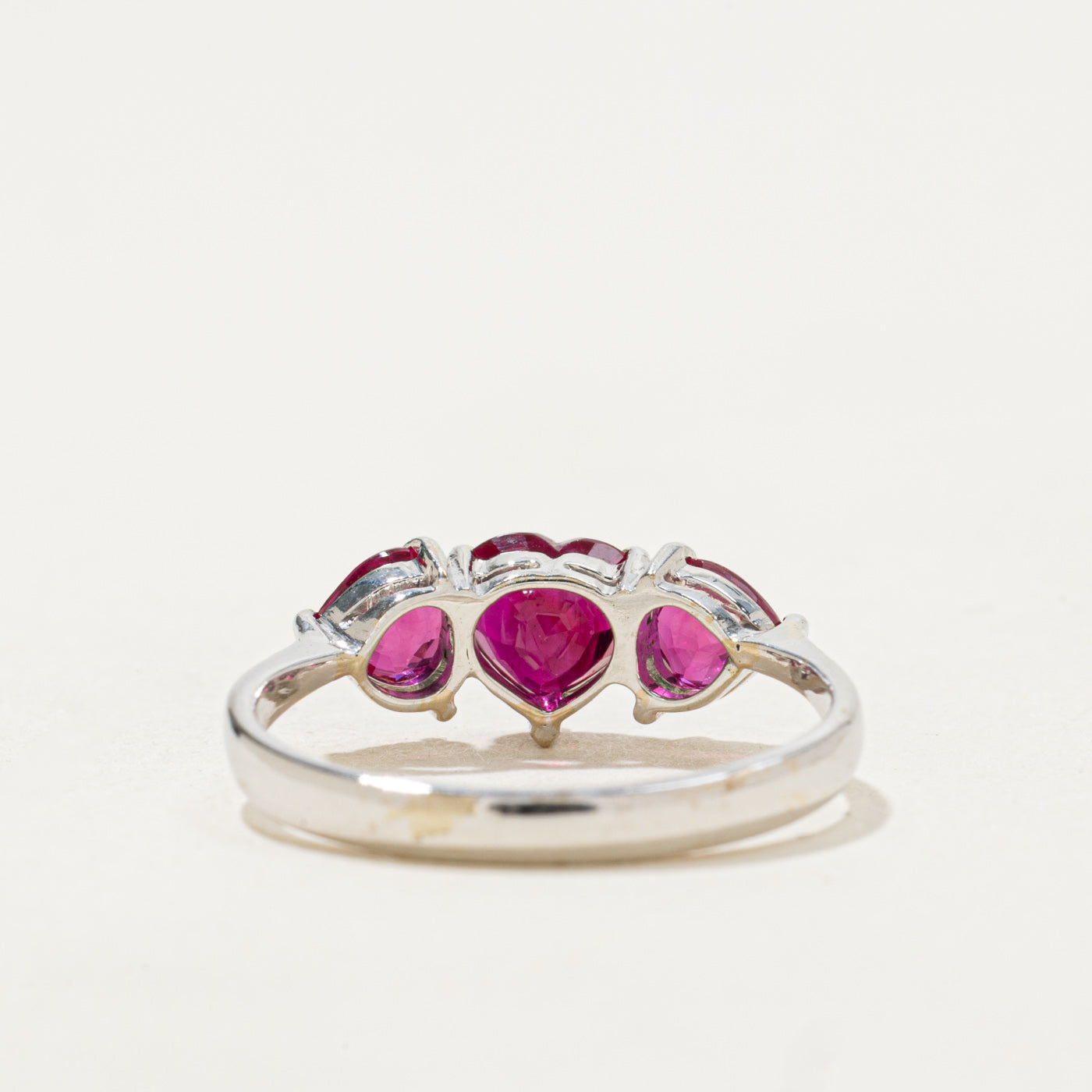 Three Stone Heart Cut Synthetic Ruby Ring | 1.20ctw | SZ 6.0