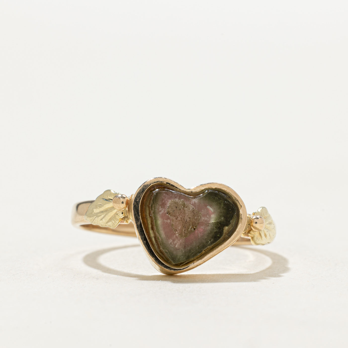 Bezel Set Watermelon Tourmaline Leaf Design Ring | SZ 7.75