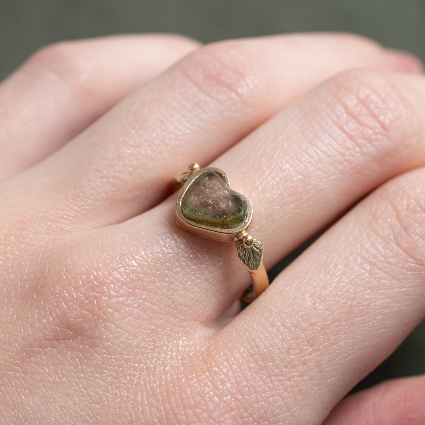 Bezel Set Watermelon Tourmaline Leaf Design Ring | SZ 7.75