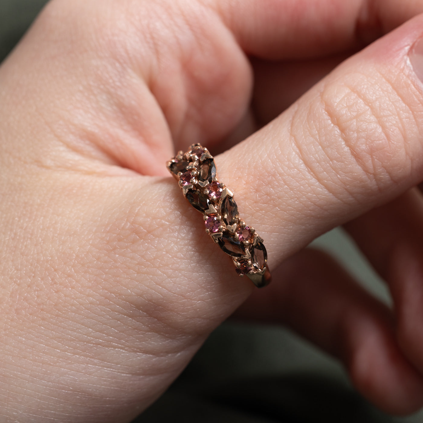 Marquise Cut Smoky Quartz & Pink Tourmaline Semi Eternity Ring | 0.69ctw | SZ 9.0