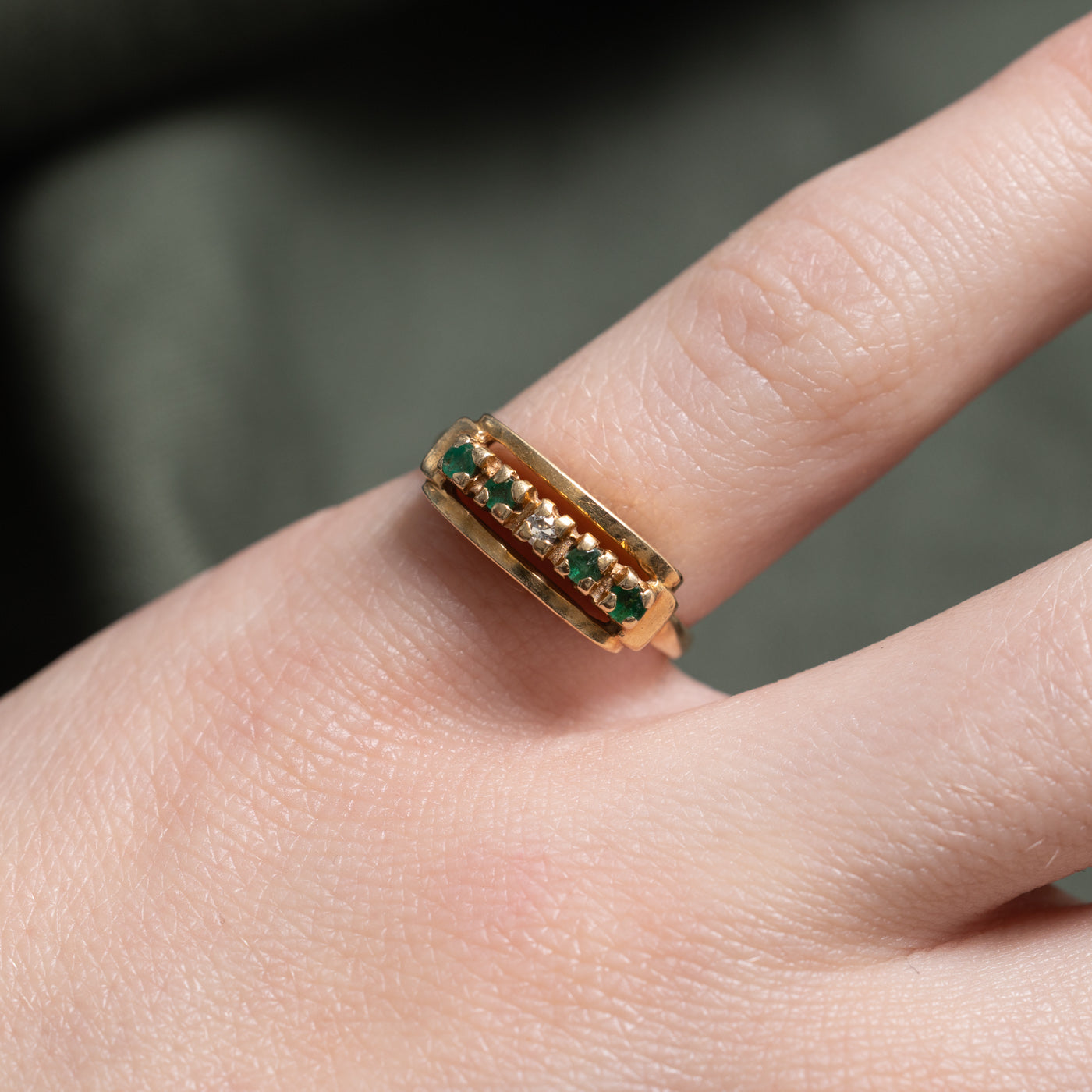 Five Stone Emerald & Diamond Geometric Ring | 0.04ctw, 0.01ct | SZ 3.25