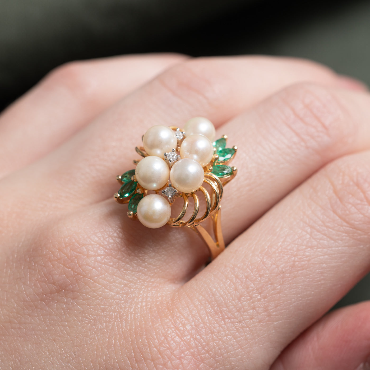 Pearl, Emerald & Diamond Cocktail Ring | 0.30ctw, 0.04ctw | SZ 7.75