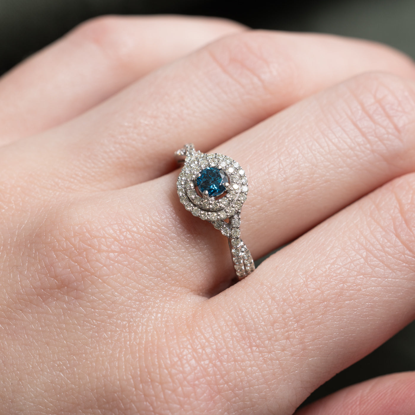 Blue Diamond Double Halo Crossover Ring | 0.59ctw | SZ 6.75