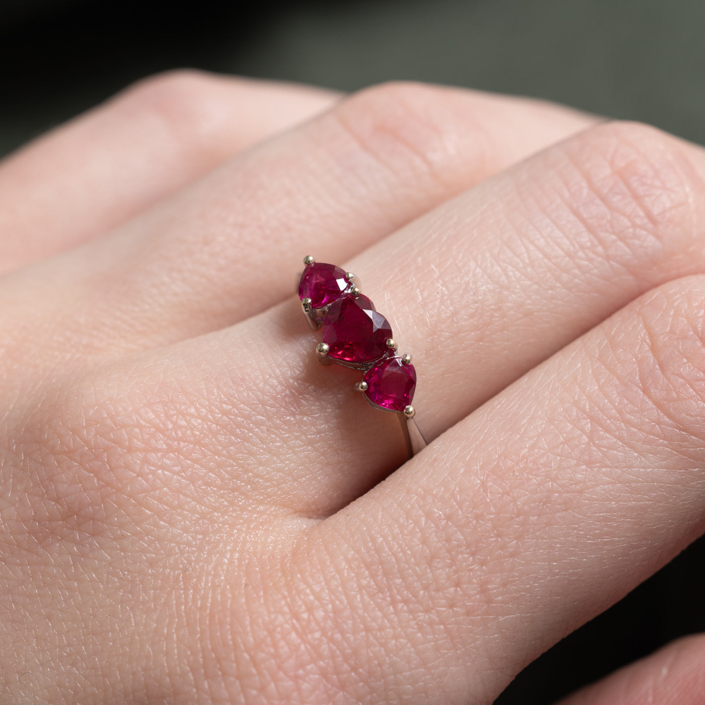 Three Stone Heart Cut Synthetic Ruby Ring | 1.20ctw | SZ 6.0