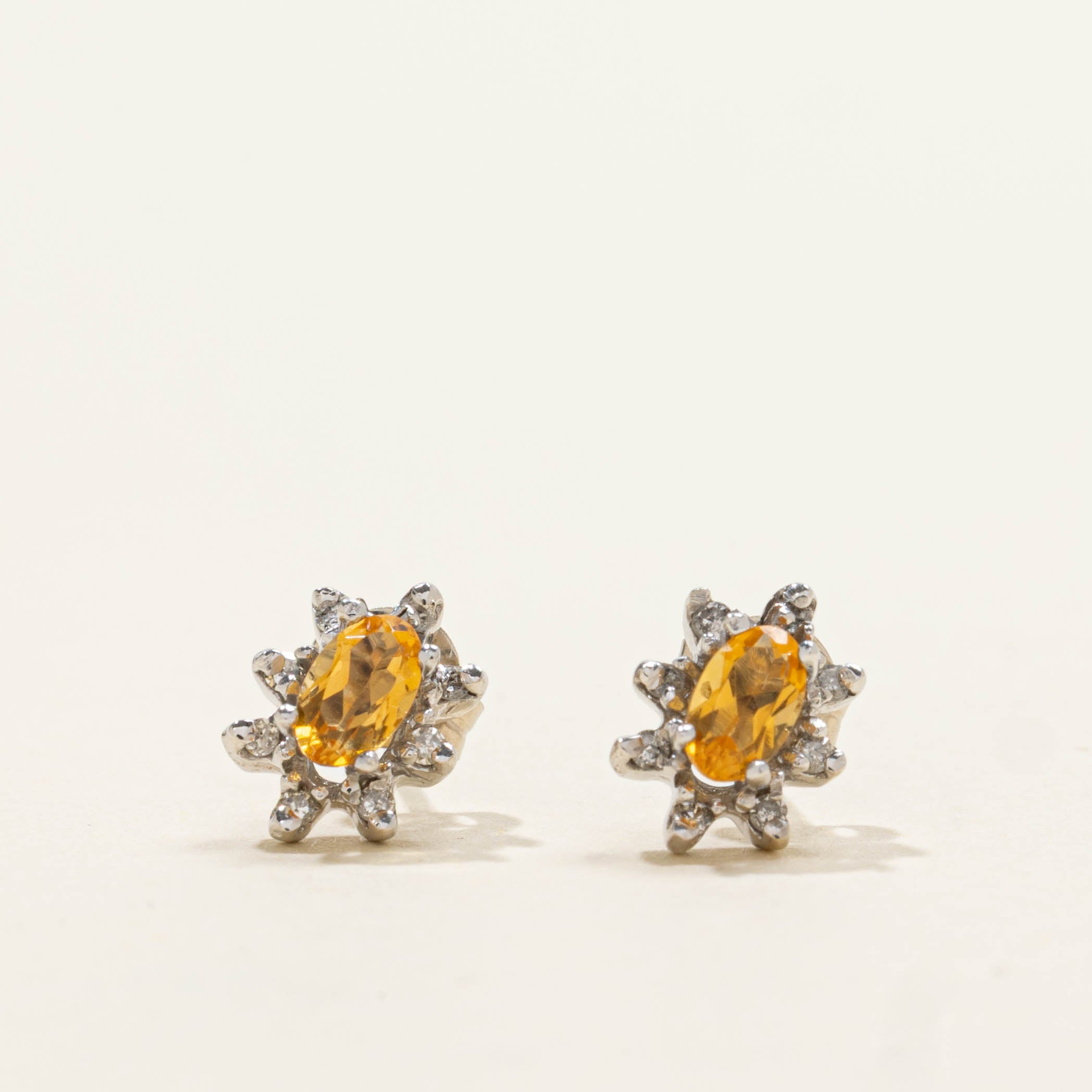 14k Citrine & Diamond Petal Halo Stud Earrings | 0.28ctw, 0.04ctw
