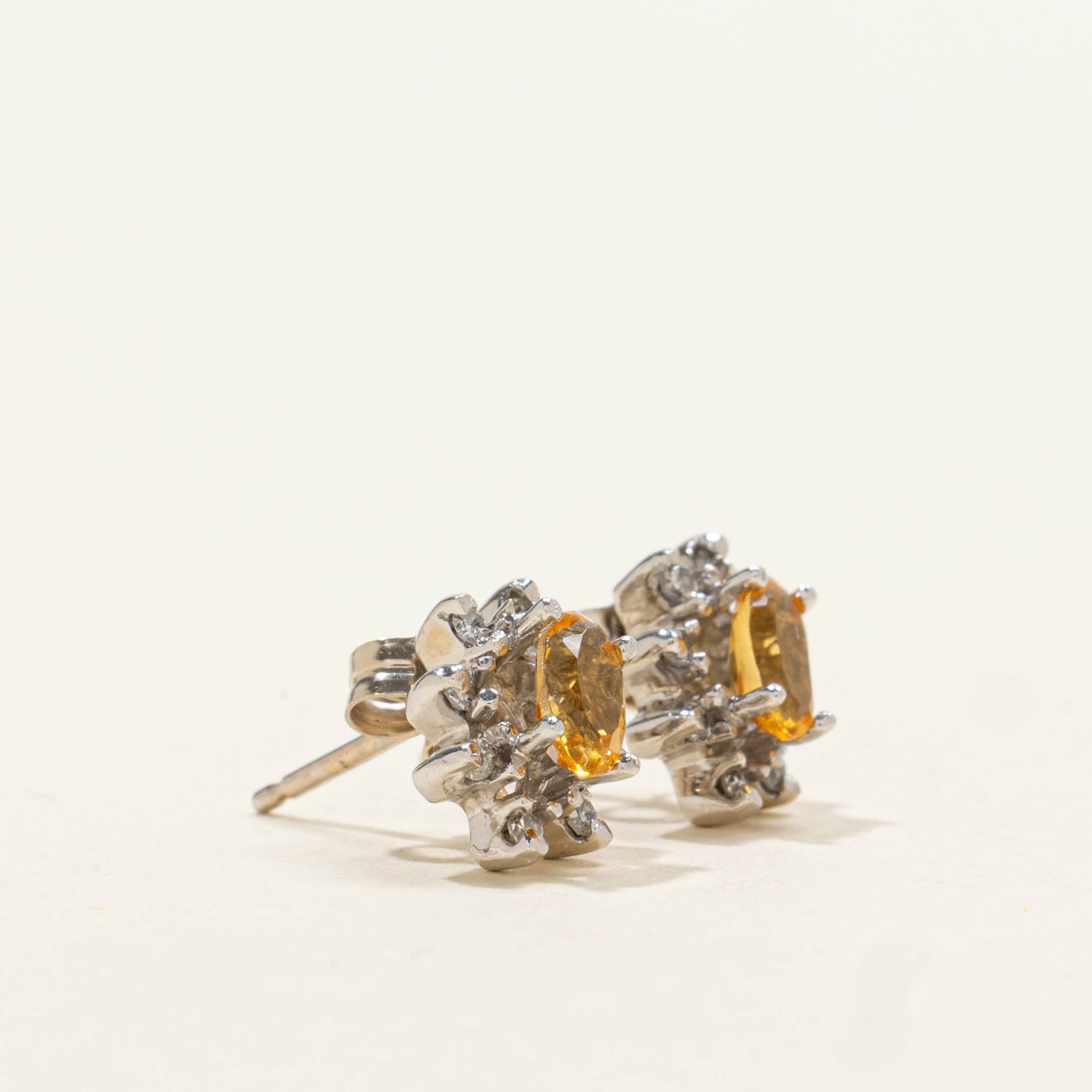 14k Citrine & Diamond Petal Halo Stud Earrings | 0.28ctw, 0.04ctw
