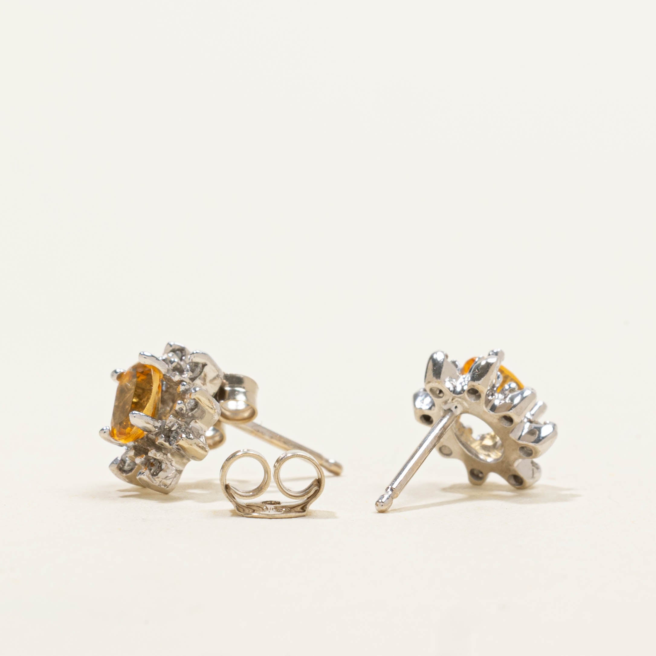 14k Citrine & Diamond Petal Halo Stud Earrings | 0.28ctw, 0.04ctw